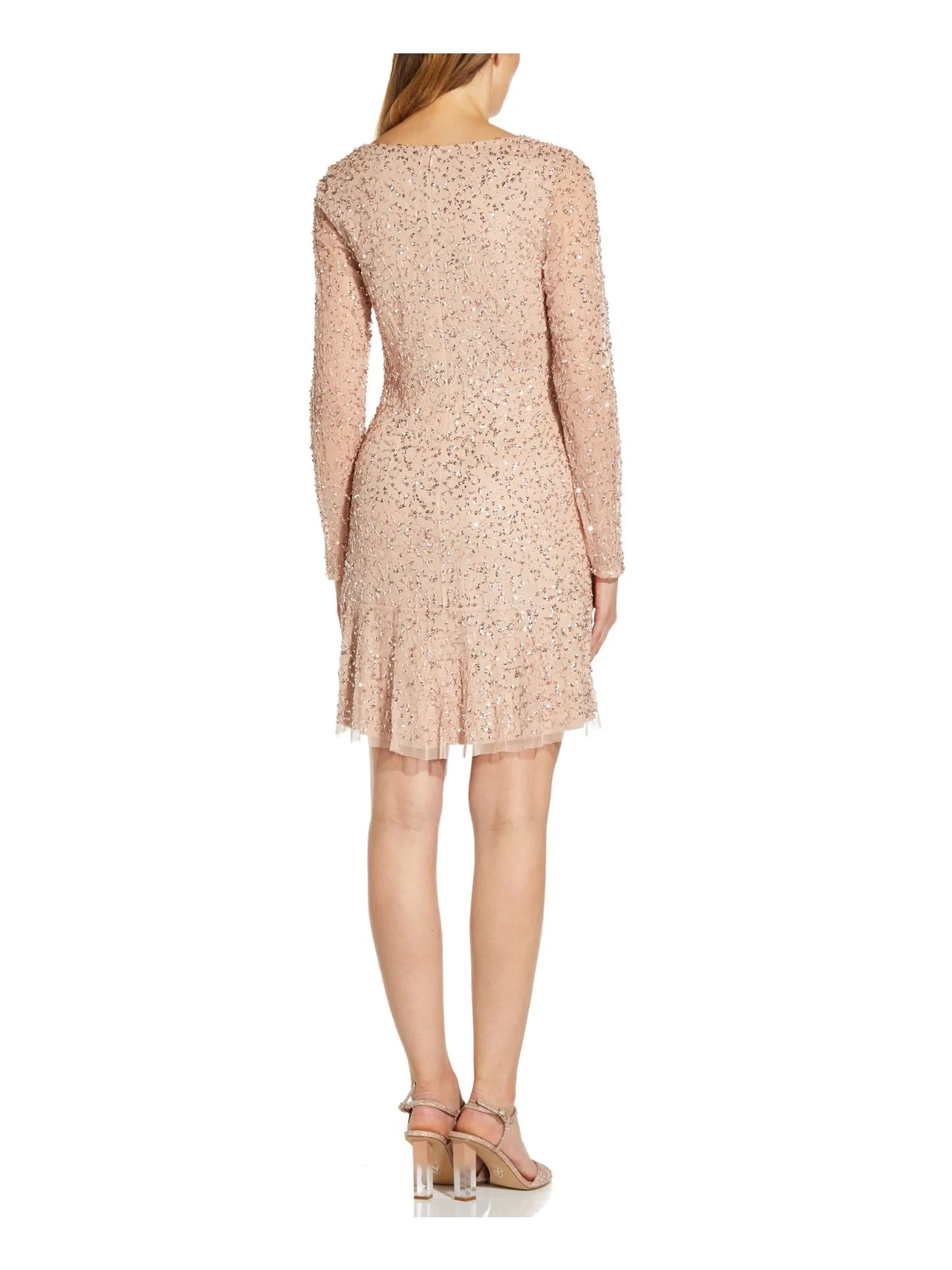 ADRIANNA PAPELL Womens Beige Stretch Beaded Sequined Long Sleeve V Neck Short Cocktail Fit   Flare Dress