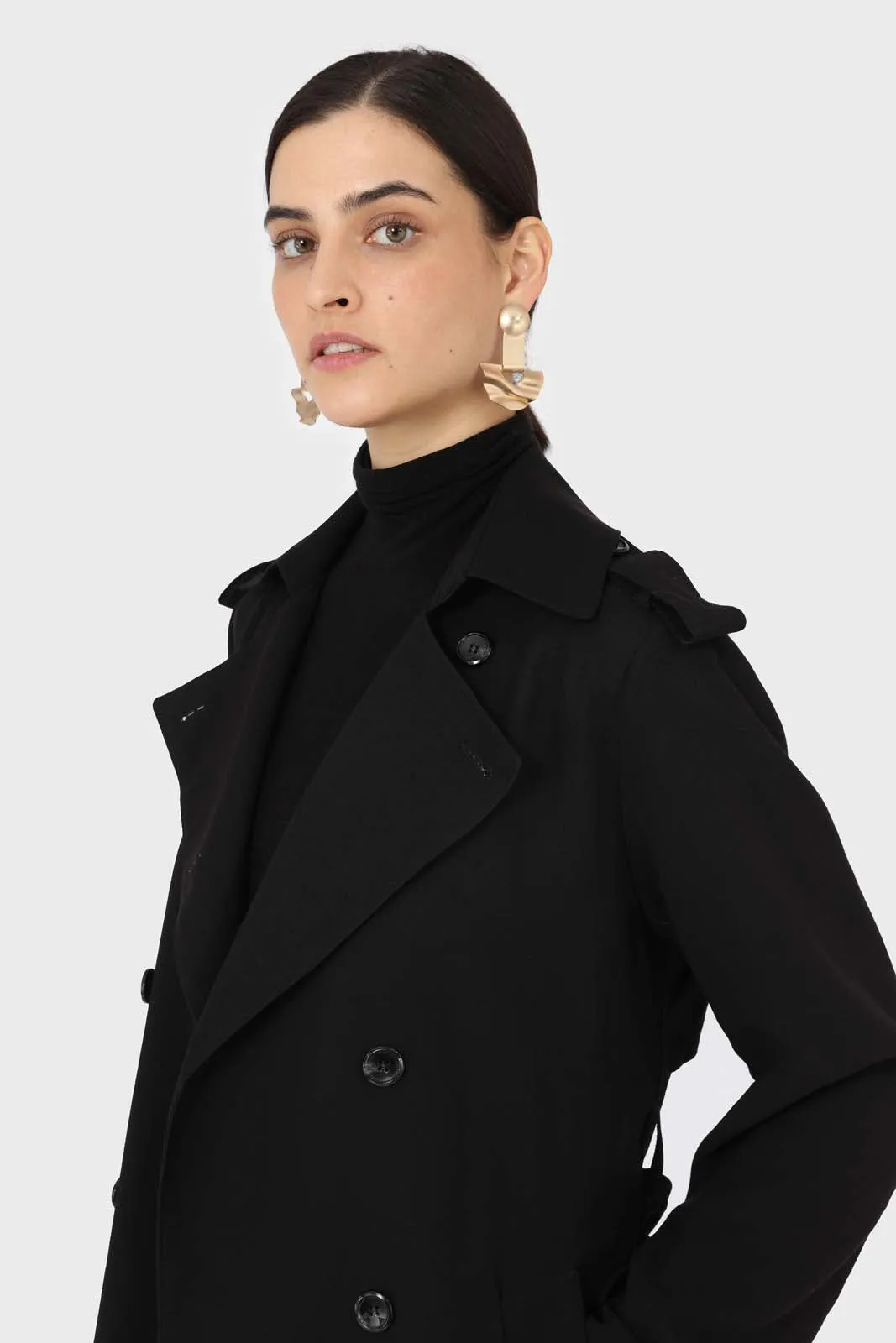 Black soft double breasted belted trench coat