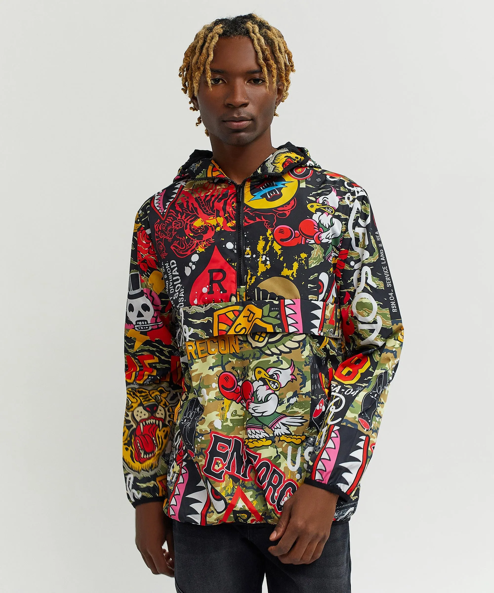 Bomb Squad Military Patchwork Print Half-Zip Pullover Jacket