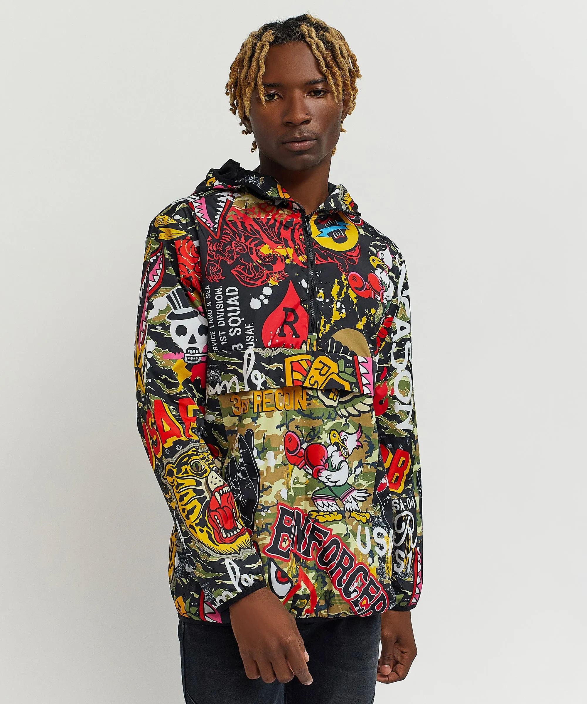 Bomb Squad Military Patchwork Print Half-Zip Pullover Jacket