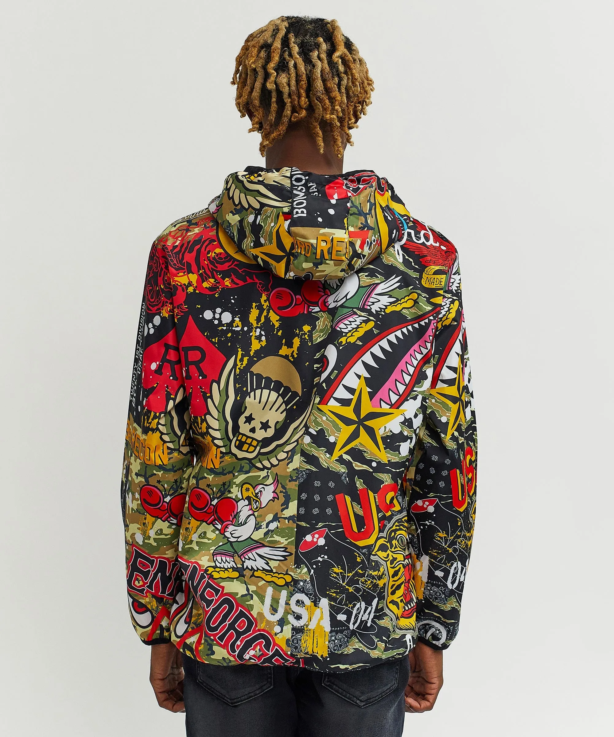 Bomb Squad Military Patchwork Print Half-Zip Pullover Jacket