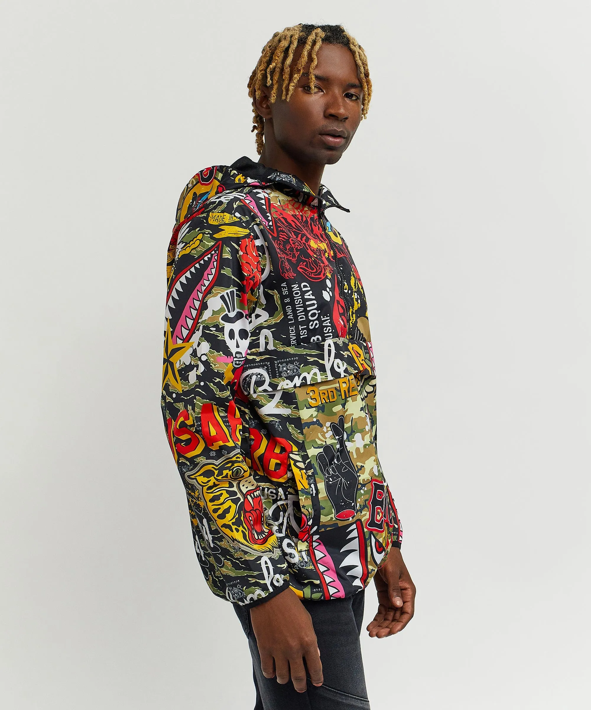 Bomb Squad Military Patchwork Print Half-Zip Pullover Jacket