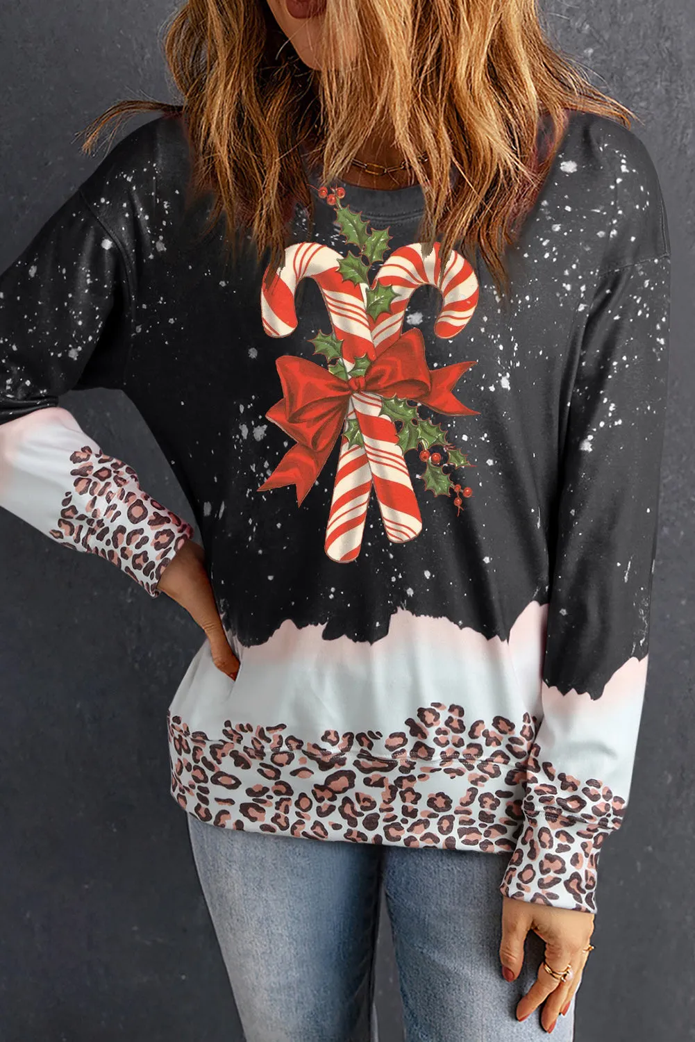 Christmas Cane Candy Pattern Leopard Bleached Pullover Sweatshirt