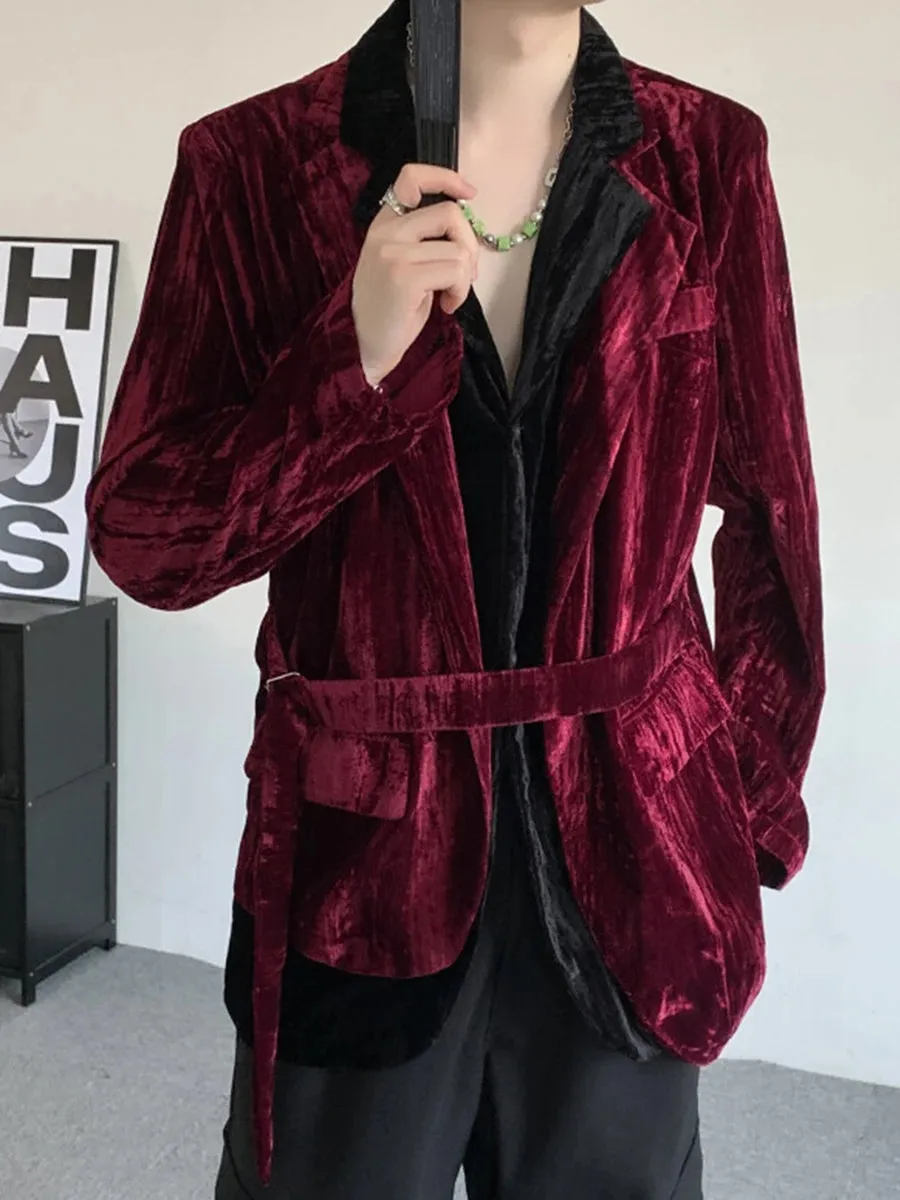 Colorblock Spliced Lace Up Velvet Jackets For Women Lapel Long Sleeve Loose Temperament Coats Female Fashion Style