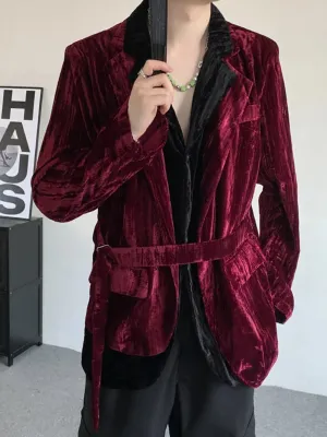 Colorblock Spliced Lace Up Velvet Jackets For Women Lapel Long Sleeve Loose Temperament Coats Female Fashion Style