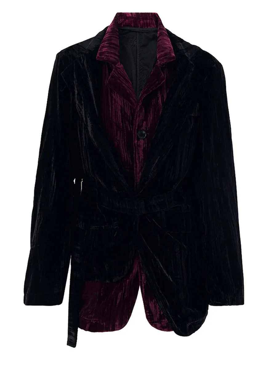 Colorblock Spliced Lace Up Velvet Jackets For Women Lapel Long Sleeve Loose Temperament Coats Female Fashion Style