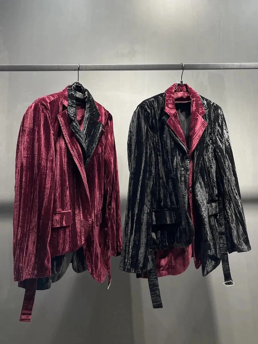 Colorblock Spliced Lace Up Velvet Jackets For Women Lapel Long Sleeve Loose Temperament Coats Female Fashion Style