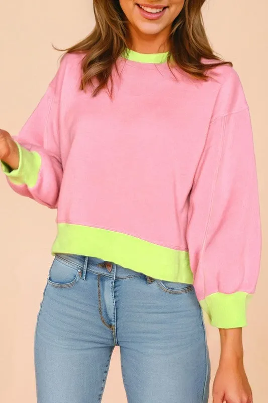 Contrast Trim Bubble Sleeve Sweatshirt