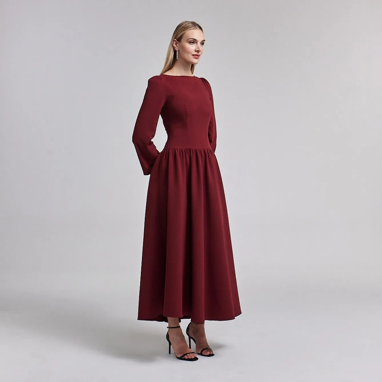 Crepe Long Sleeve A-line Maxi Dress