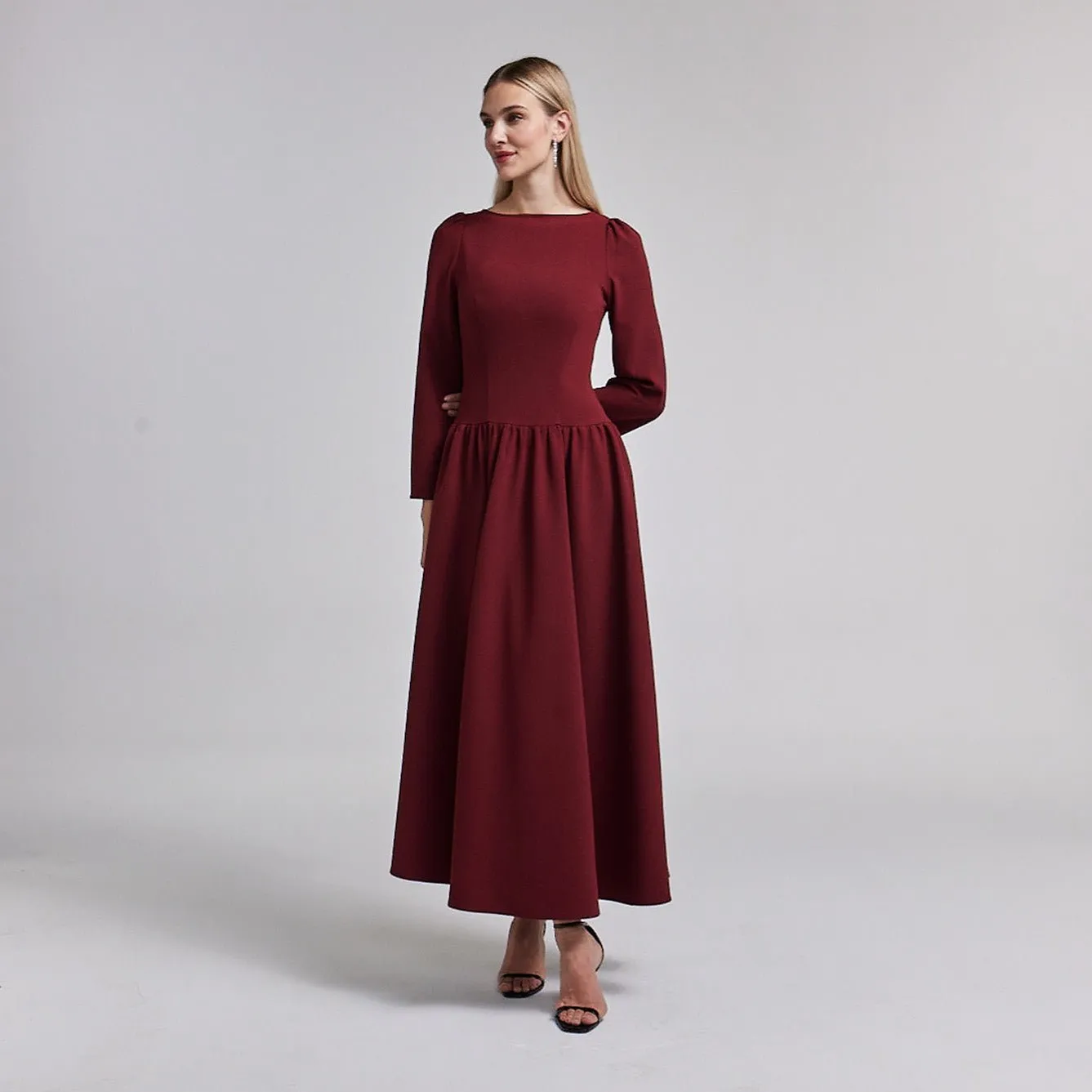 Crepe Long Sleeve A-line Maxi Dress