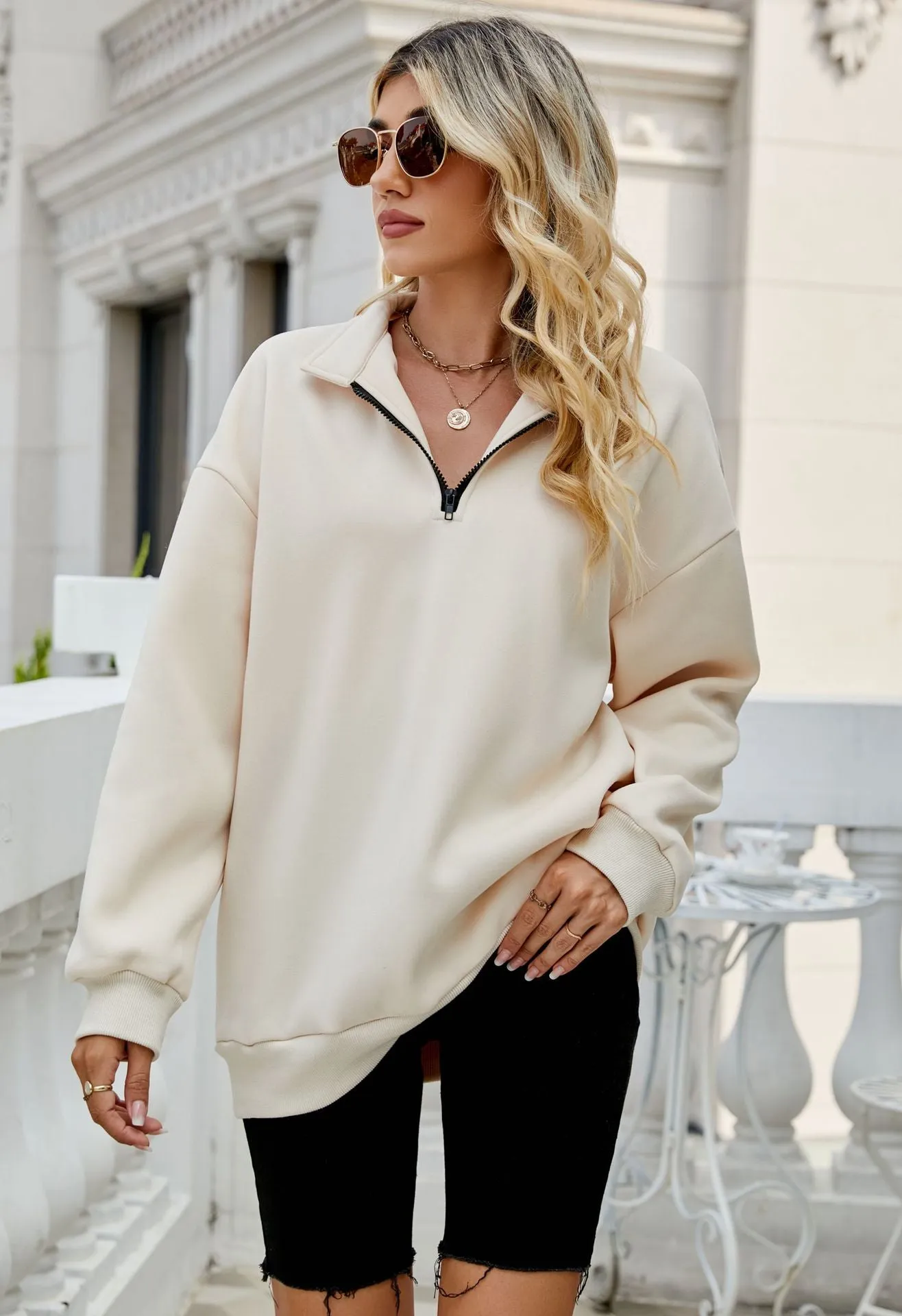FashionSierra - Casual Half Zipper Pullover Long Sleeve Sweatshirt