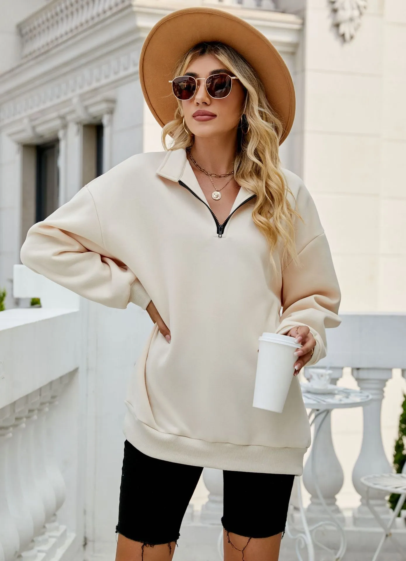 FashionSierra - Casual Half Zipper Pullover Long Sleeve Sweatshirt