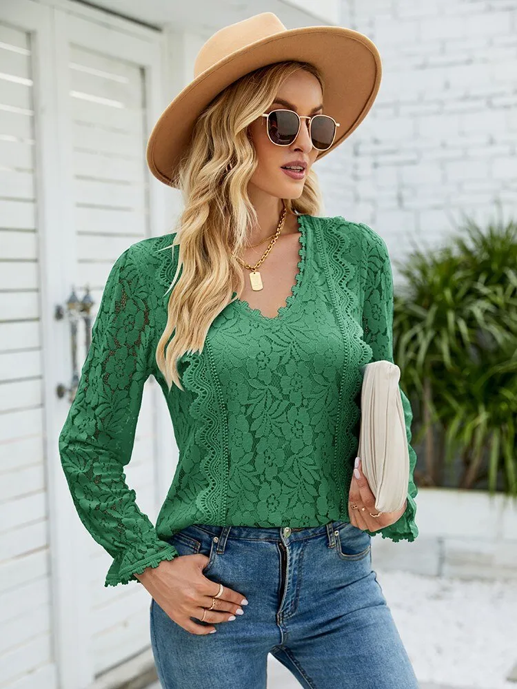FashionSierra - V Neck Long Sleeve Oversize Elegant Blouse