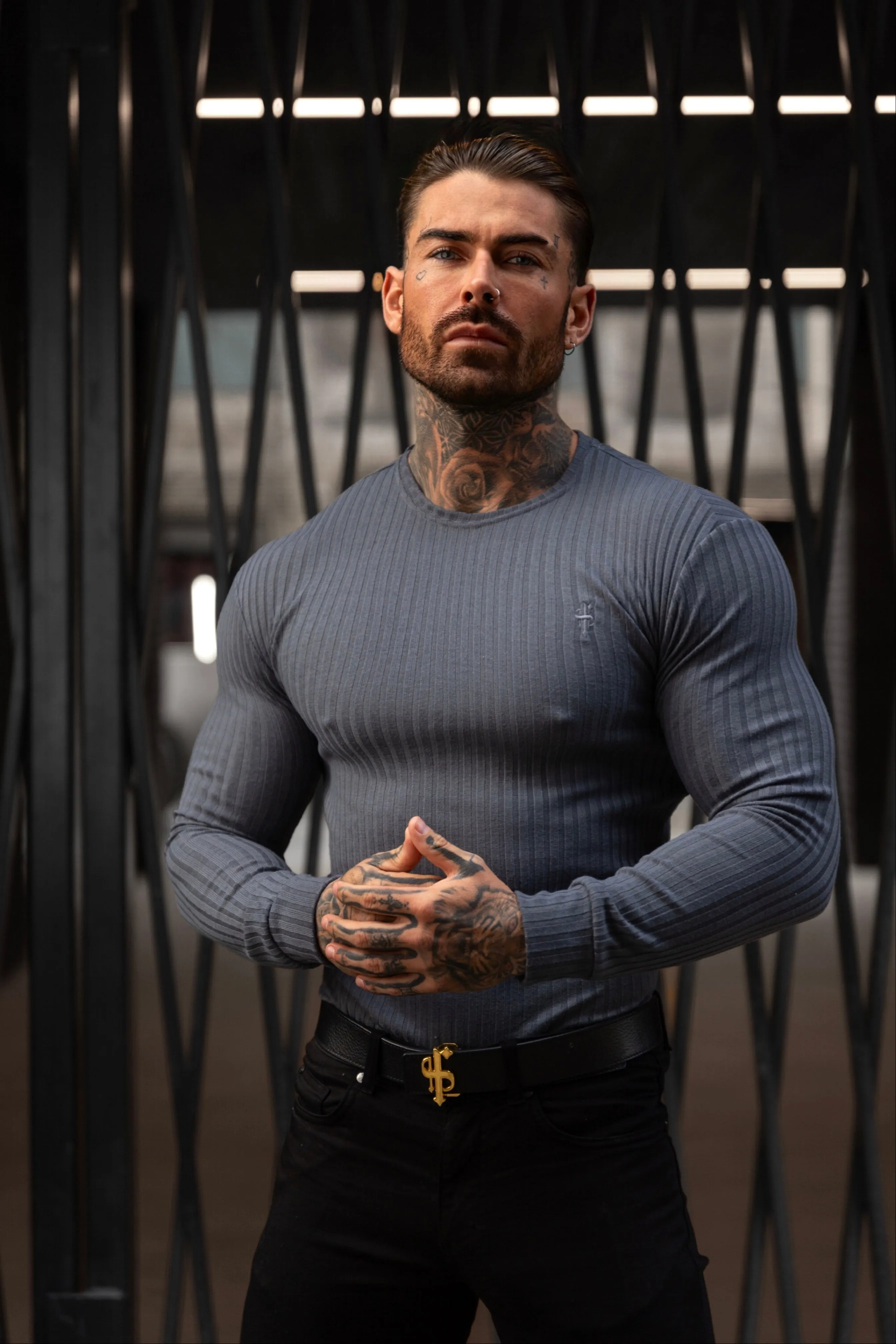 Father Sons Classic Charcoal Ribbed Knit Jumper With Tonal Embroidery - FSH946