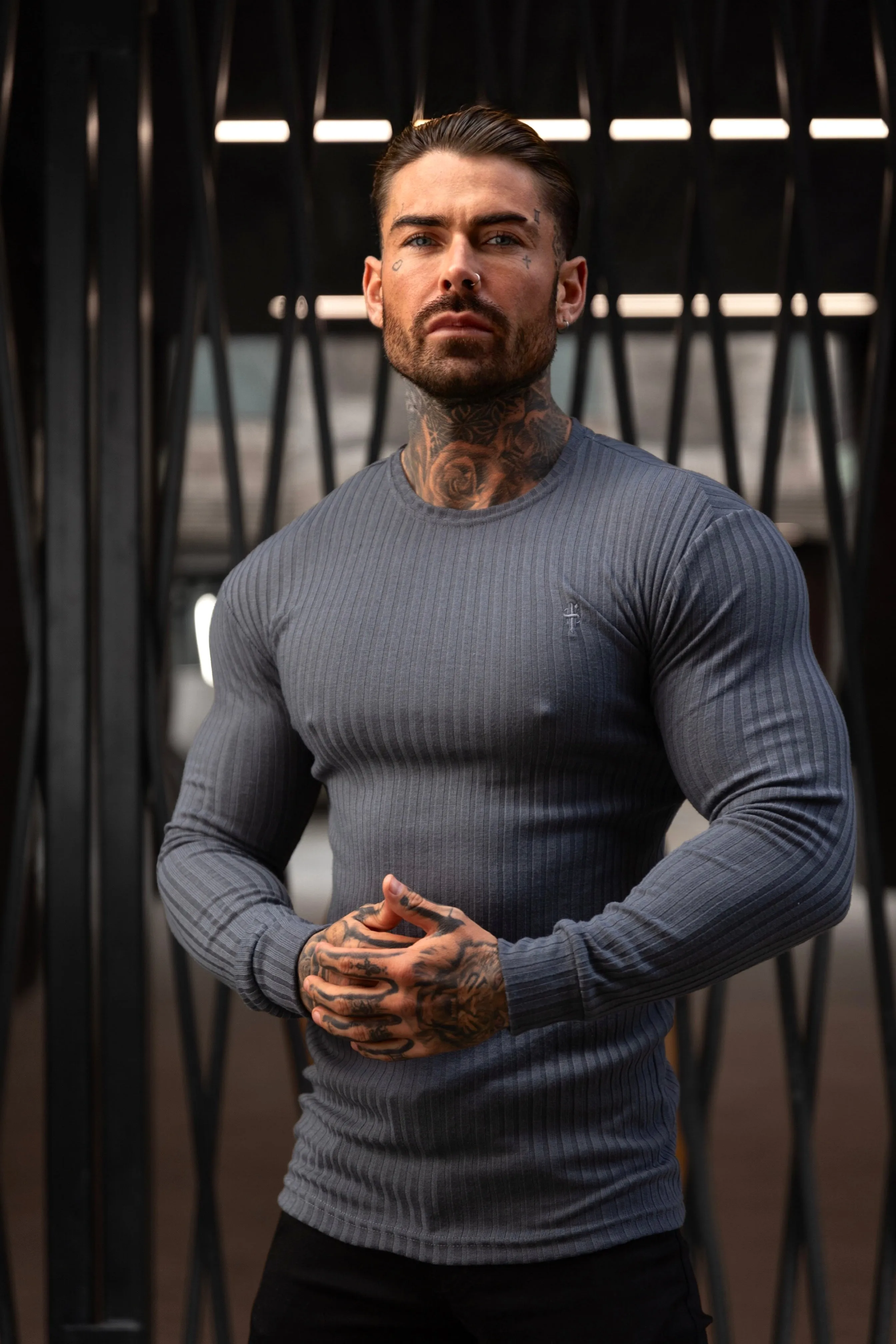 Father Sons Classic Charcoal Ribbed Knit Jumper With Tonal Embroidery - FSH946