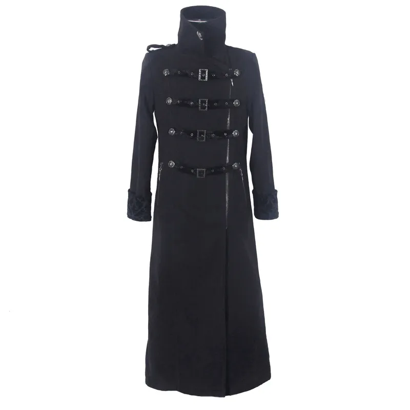Gothic Vintage Long Coat with Straps and Buttons for Men / Black Stylish High Collar Coat
