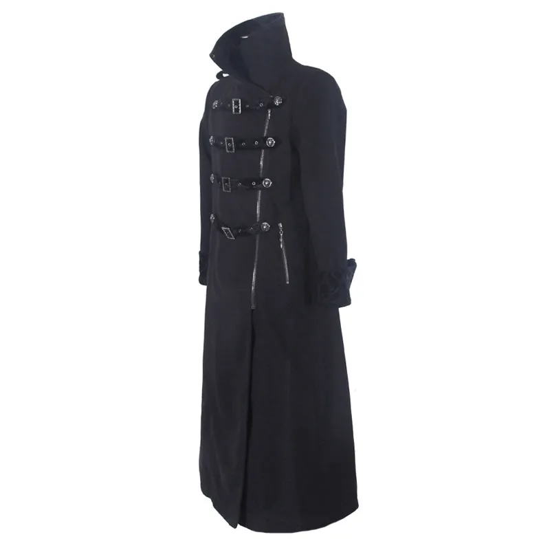 Gothic Vintage Long Coat with Straps and Buttons for Men / Black Stylish High Collar Coat