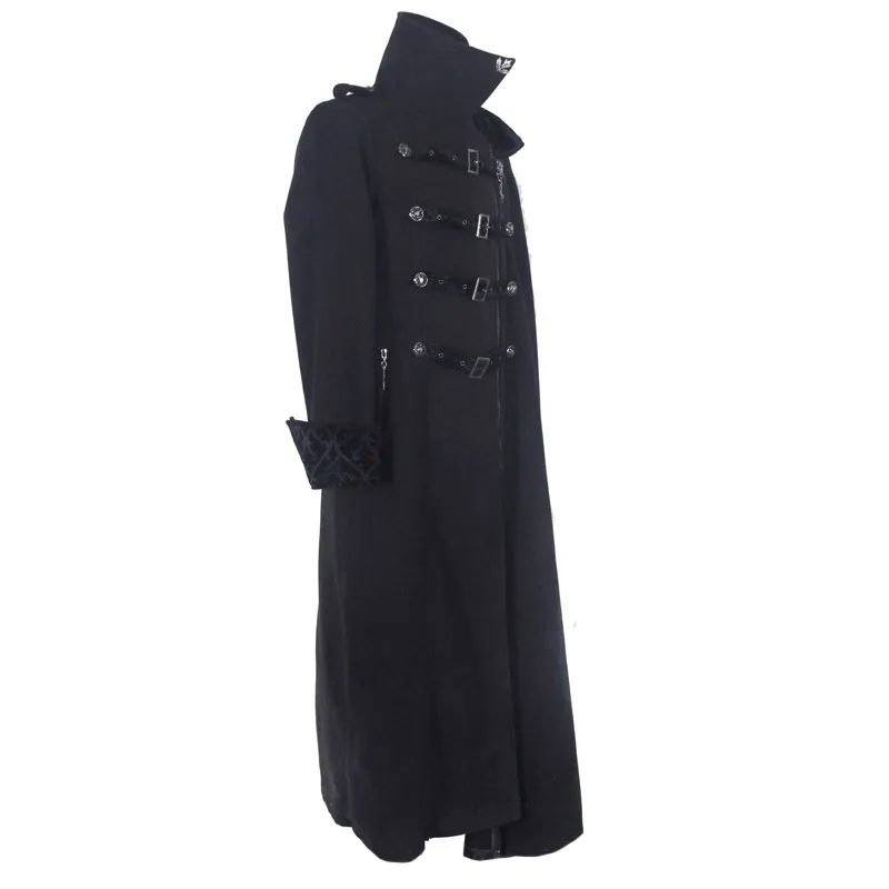 Gothic Vintage Long Coat with Straps and Buttons for Men / Black Stylish High Collar Coat