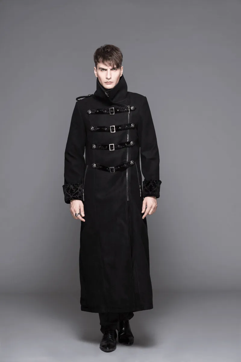 Gothic Vintage Long Coat with Straps and Buttons for Men / Black Stylish High Collar Coat