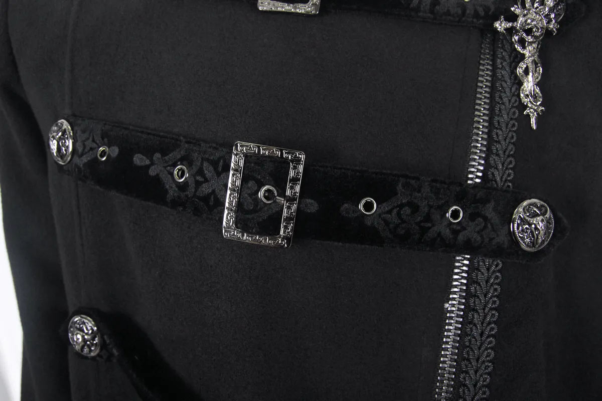 Gothic Vintage Long Coat with Straps and Buttons for Men / Black Stylish High Collar Coat