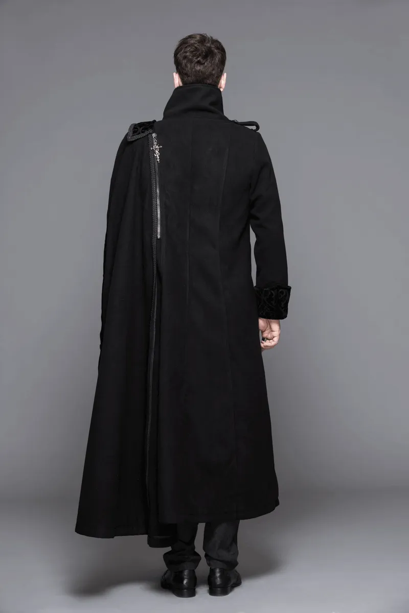 Gothic Vintage Long Coat with Straps and Buttons for Men / Black Stylish High Collar Coat