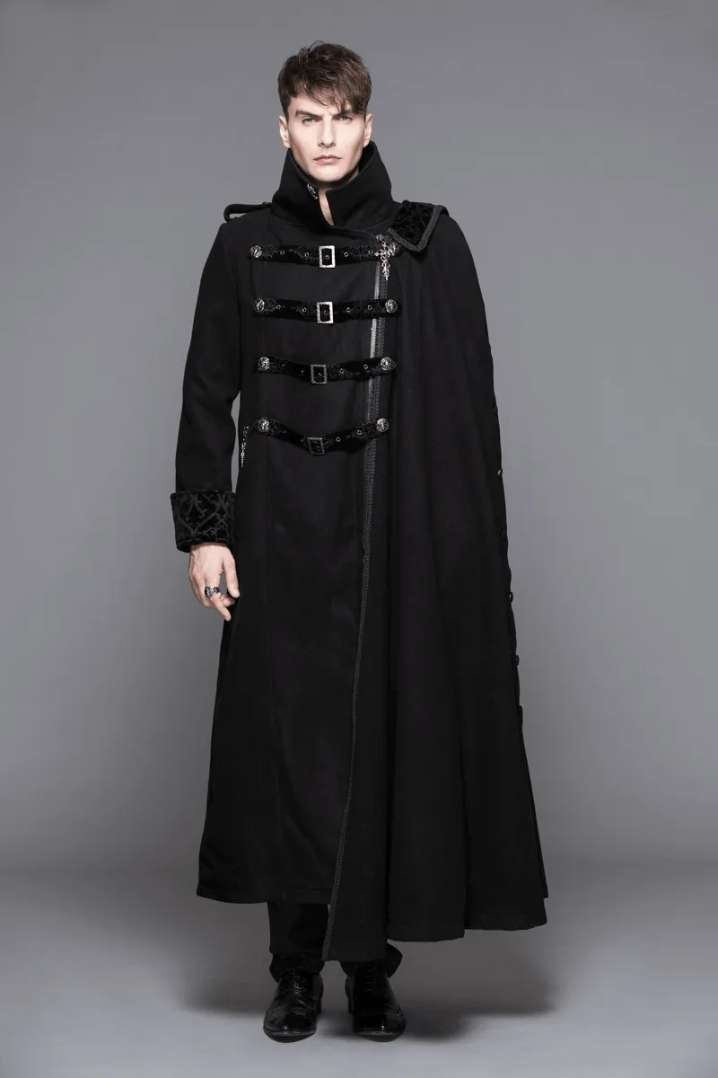 Gothic Vintage Long Coat with Straps and Buttons for Men / Black Stylish High Collar Coat