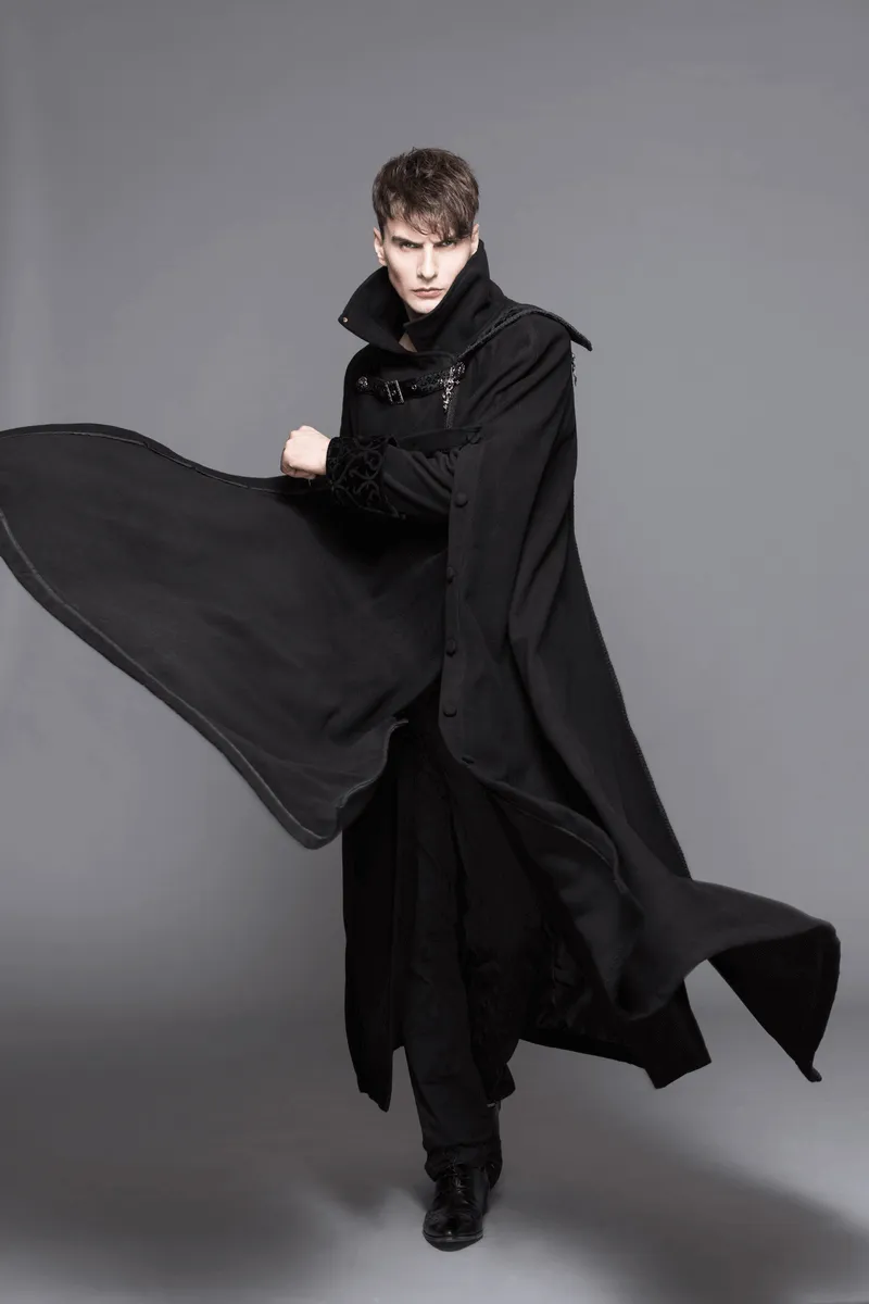 Gothic Vintage Long Coat with Straps and Buttons for Men / Black Stylish High Collar Coat