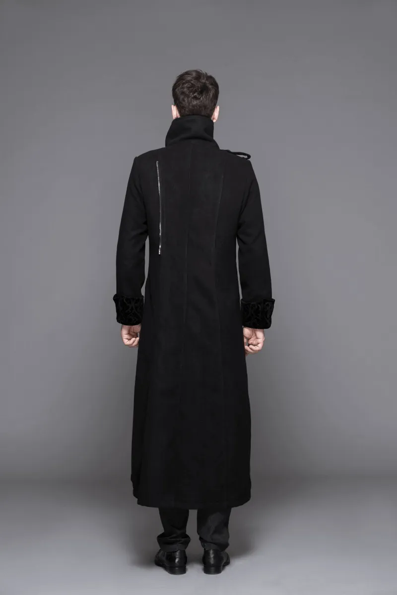 Gothic Vintage Long Coat with Straps and Buttons for Men / Black Stylish High Collar Coat