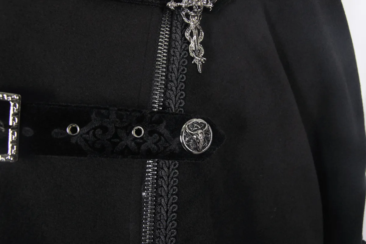 Gothic Vintage Long Coat with Straps and Buttons for Men / Black Stylish High Collar Coat