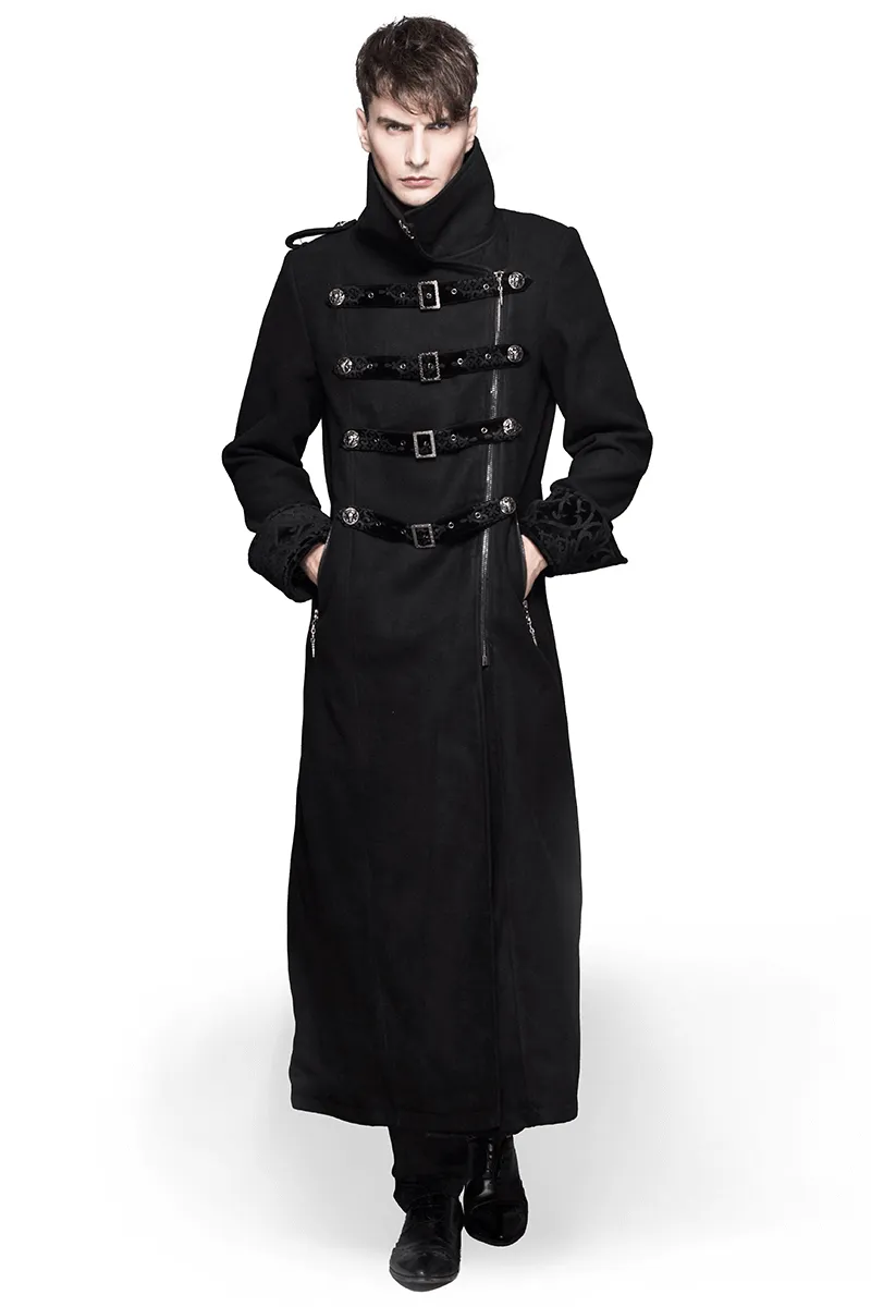 Gothic Vintage Long Coat with Straps and Buttons for Men / Black Stylish High Collar Coat