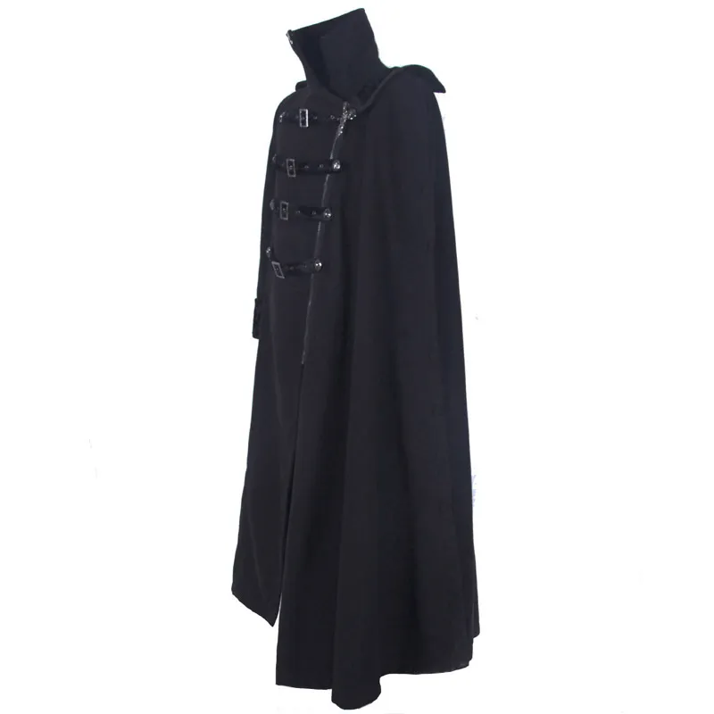Gothic Vintage Long Coat with Straps and Buttons for Men / Black Stylish High Collar Coat