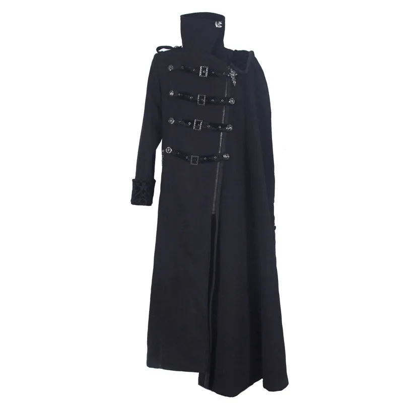 Gothic Vintage Long Coat with Straps and Buttons for Men / Black Stylish High Collar Coat