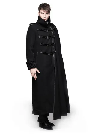 Gothic Vintage Long Coat with Straps and Buttons for Men / Black Stylish High Collar Coat