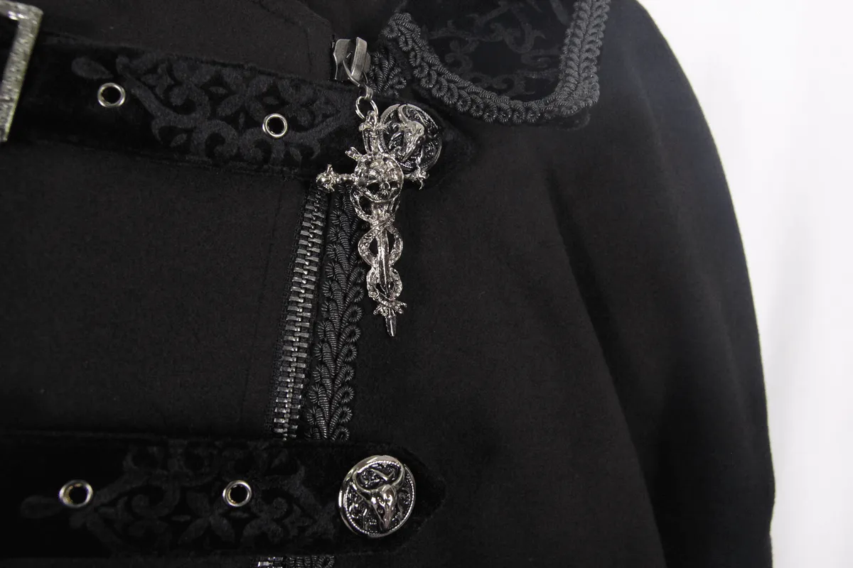 Gothic Vintage Long Coat with Straps and Buttons for Men / Black Stylish High Collar Coat