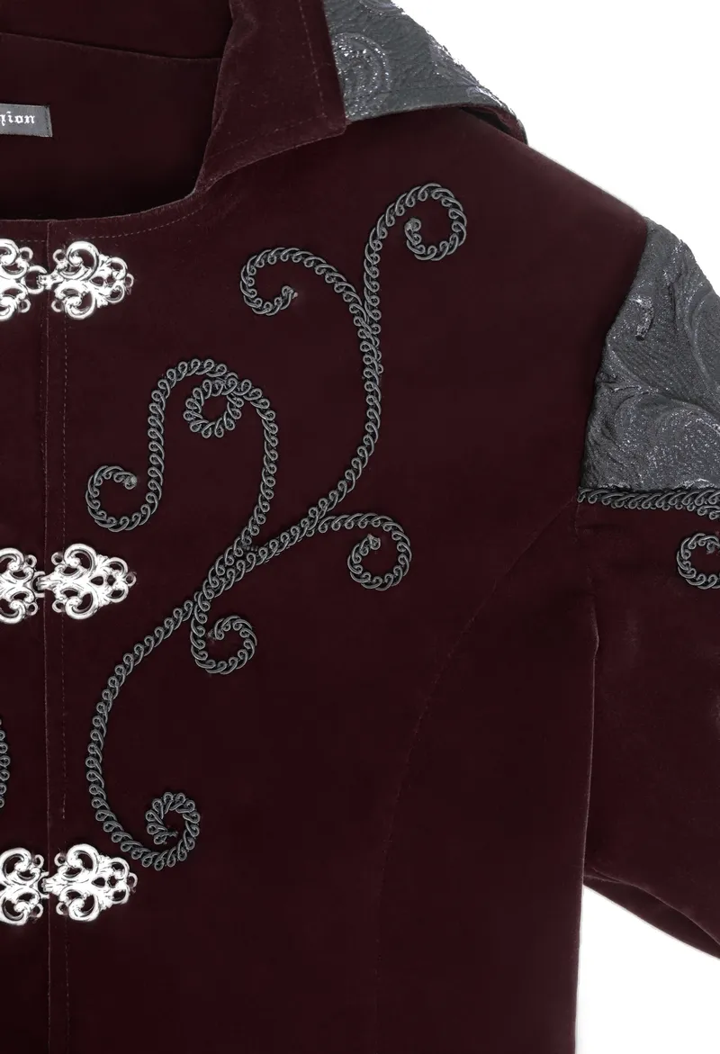 Gothic Wine Red Tailcoat with Patchwork Design / Steampunk Style Flip Collar Coats