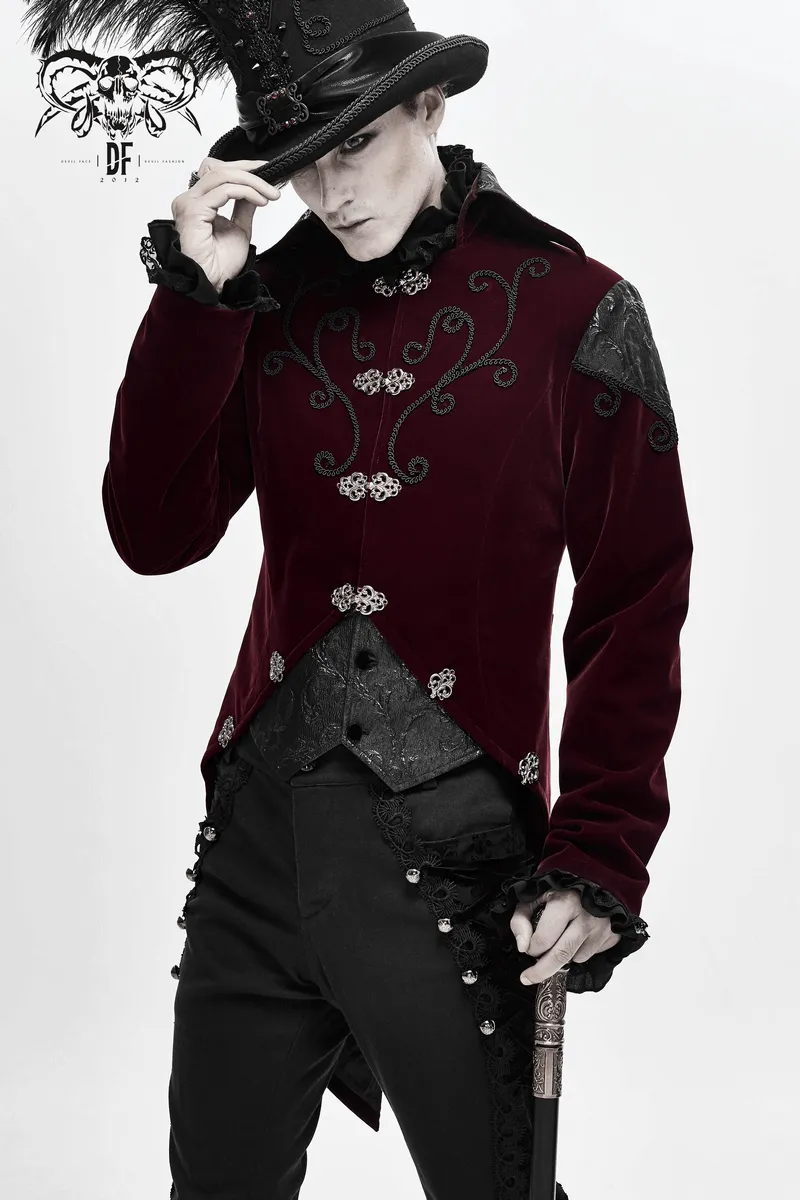 Gothic Wine Red Tailcoat with Patchwork Design / Steampunk Style Flip Collar Coats