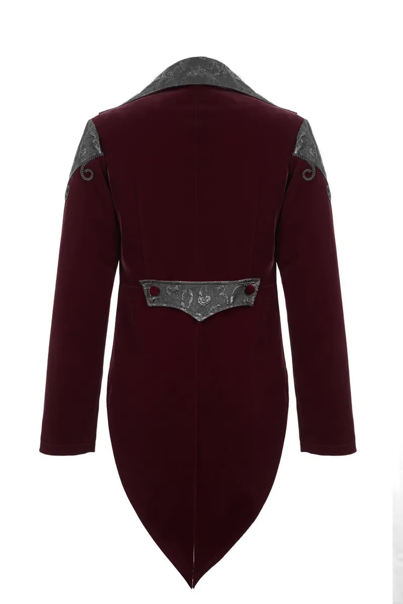 Gothic Wine Red Tailcoat with Patchwork Design / Steampunk Style Flip Collar Coats