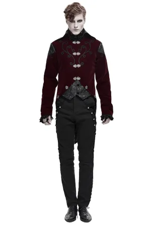 Gothic Wine Red Tailcoat with Patchwork Design / Steampunk Style Flip Collar Coats