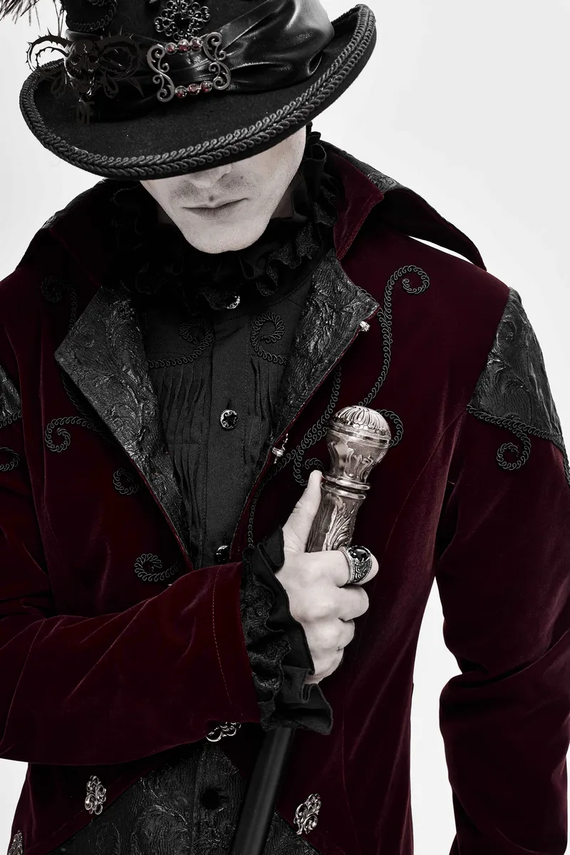 Gothic Wine Red Tailcoat with Patchwork Design / Steampunk Style Flip Collar Coats