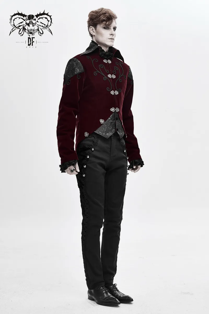 Gothic Wine Red Tailcoat with Patchwork Design / Steampunk Style Flip Collar Coats