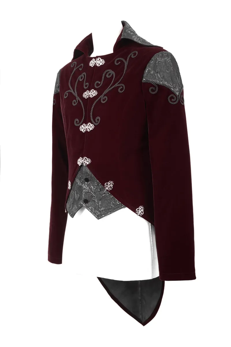 Gothic Wine Red Tailcoat with Patchwork Design / Steampunk Style Flip Collar Coats