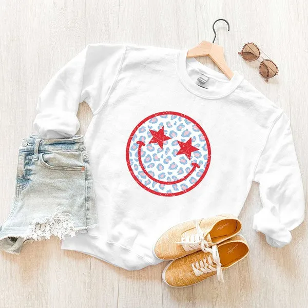 Leopard Patriotic Smiley Face Graphic Sweatshirt
