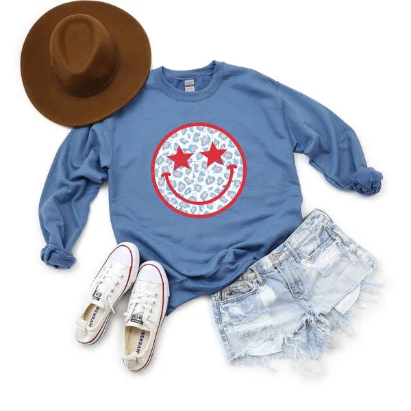 Leopard Patriotic Smiley Face Graphic Sweatshirt