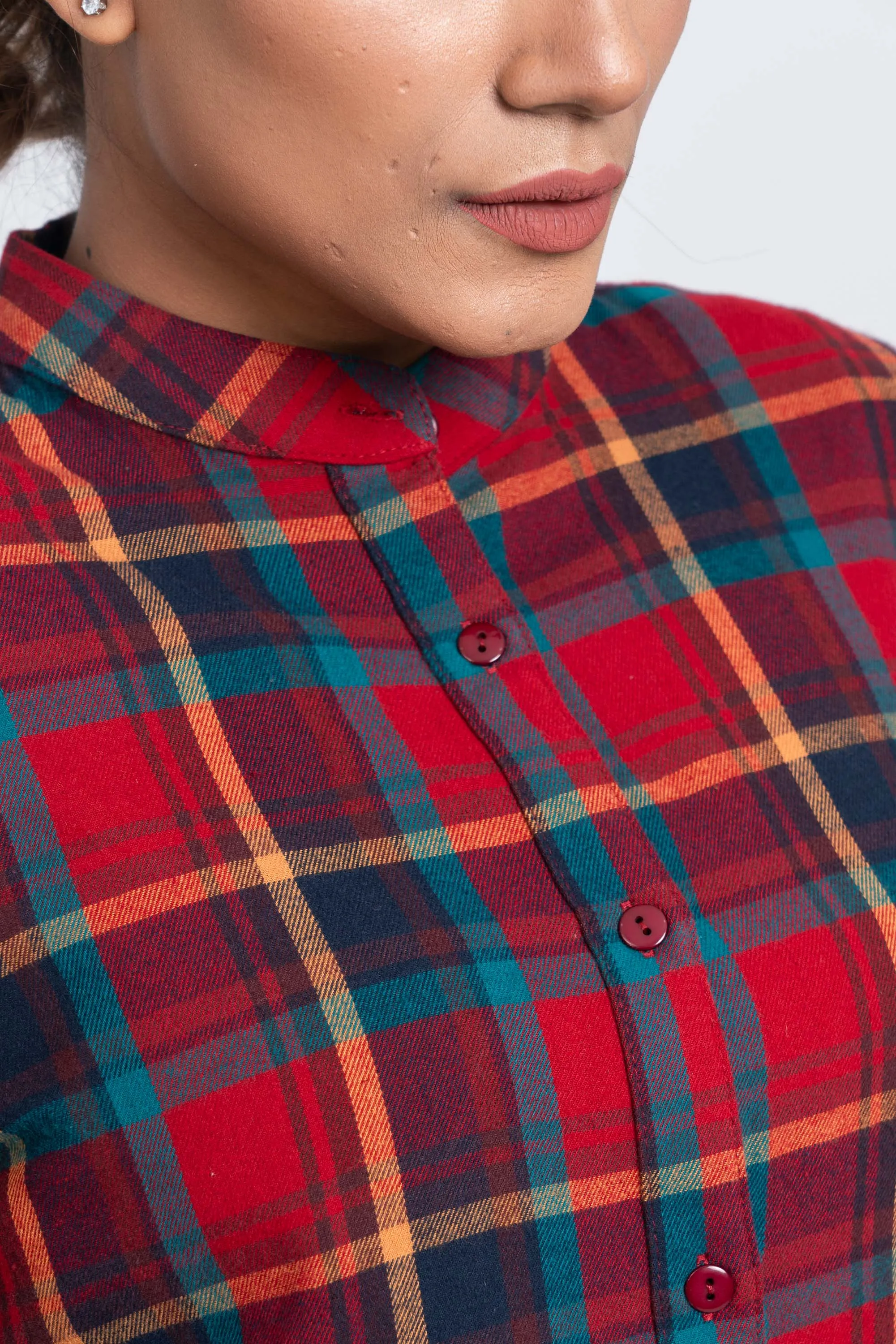 Mid-Length Flannel Checkered Casual Shirt
