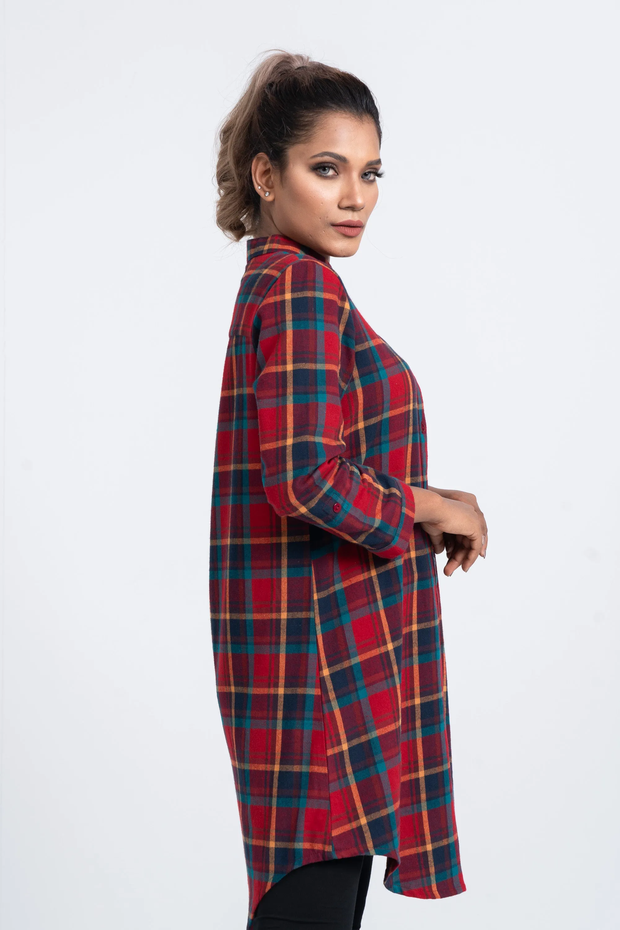 Mid-Length Flannel Checkered Casual Shirt