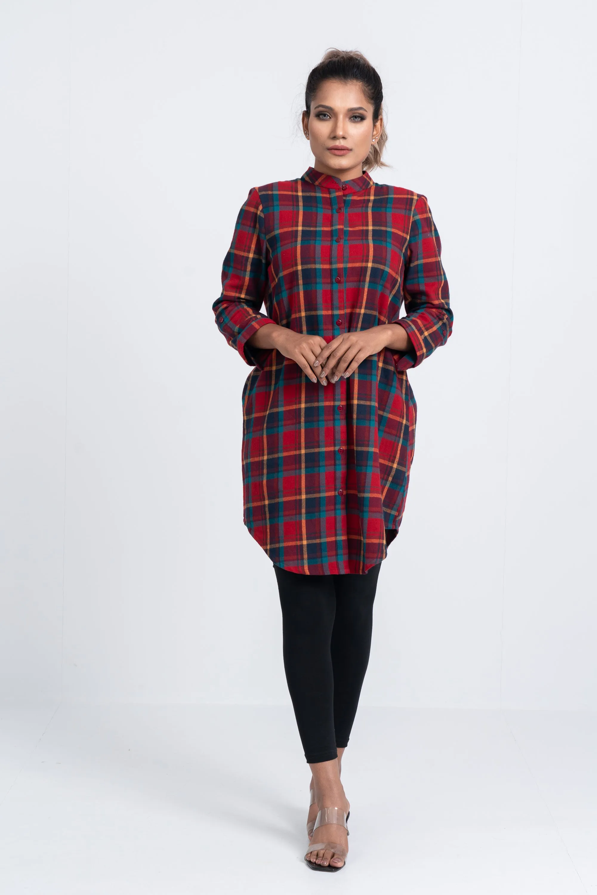 Mid-Length Flannel Checkered Casual Shirt