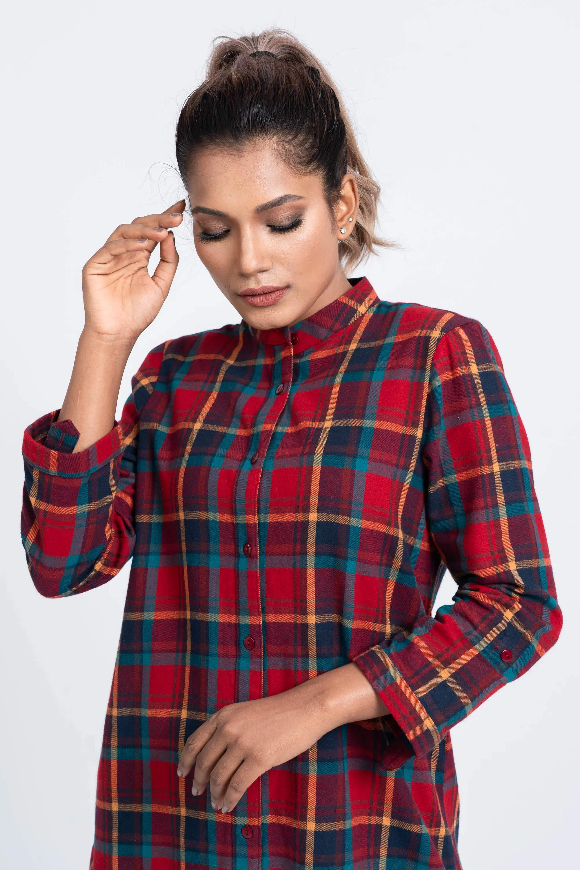 Mid-Length Flannel Checkered Casual Shirt