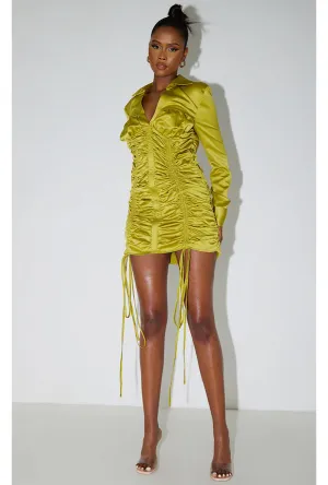 Olive Satin Ruched Long Sleeve Shirt Style Bodycon Dress