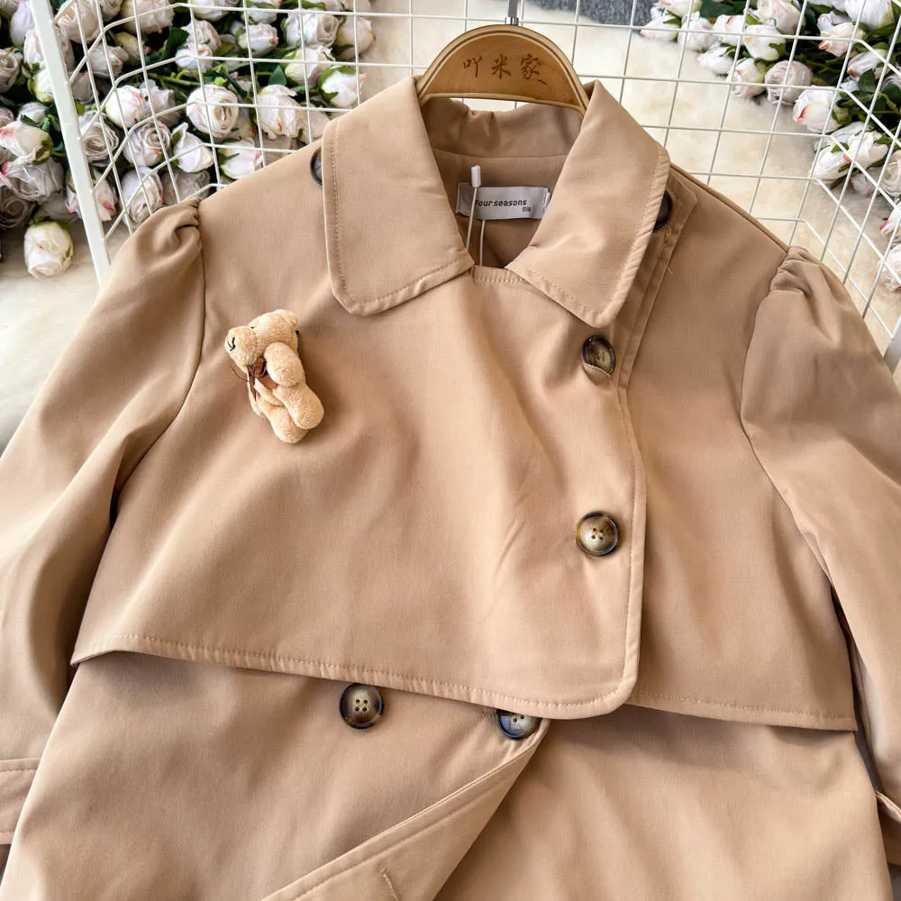Plaid Cuff Khaki Lace-up Trench Coat