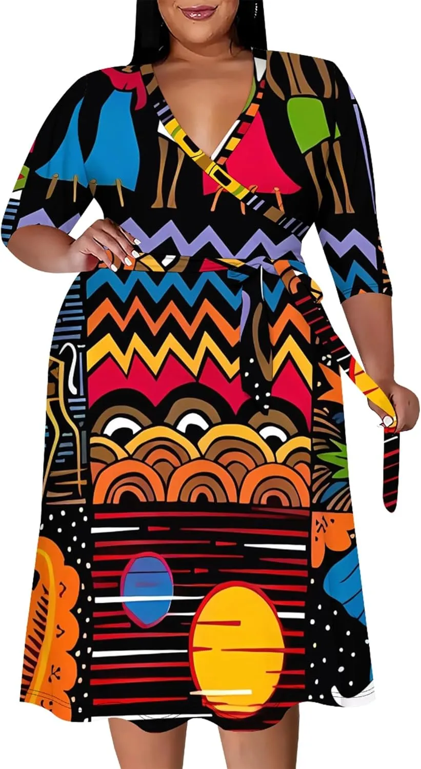 Plus Size Dress for Women - 3/4 Sleeve V Neck Boho Print Midi Dresses Sexy Wrap Cocktail Party Dress Empire Waist with Belt